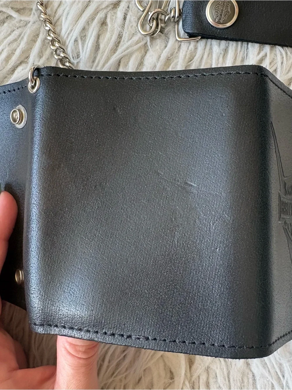 Harley Davidson Vintage 90s USA V-Twin Bar Shield Tri-Fold Leather Chain Wallet